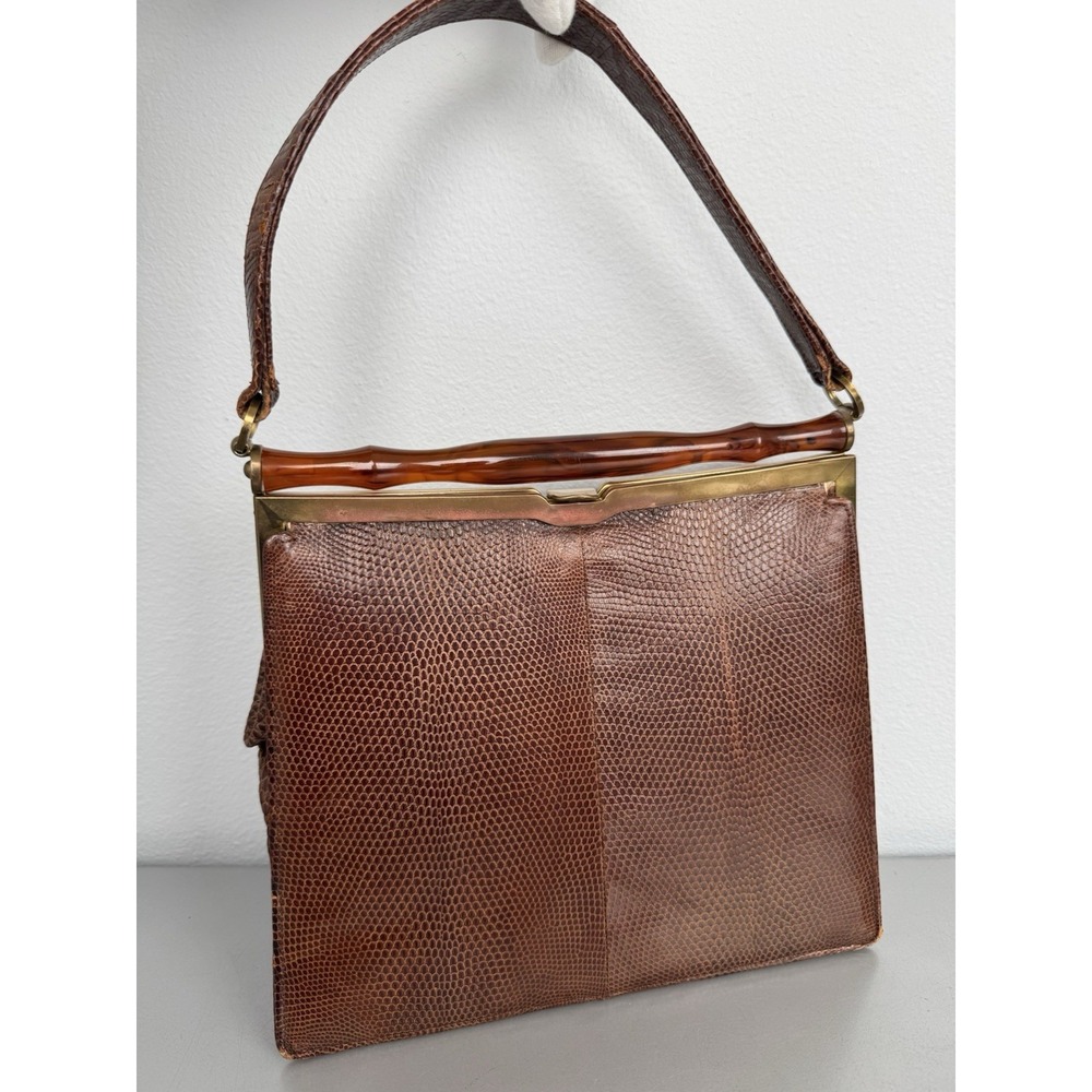 Vintage 50s Exotic Brown Lizard Leather Handbag Purse Lucite Satchel Brass 1950s